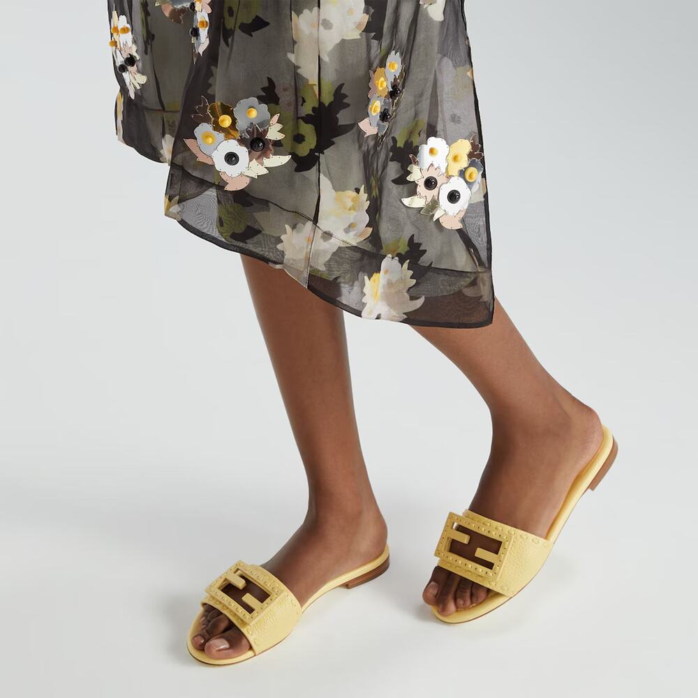 Fendi Baguette Light Yellow Leather FF Monogram Logo Mule Slide Flat Sandal 39 - Picture 5 of 16